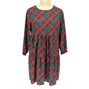 Emery Rose Babydoll Dress Green Red Plaid Tiered Ruffle Cuff 3XL